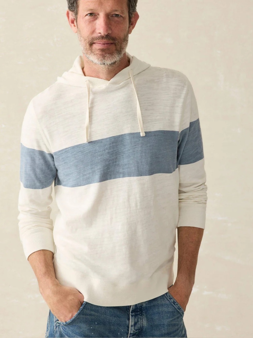 Faherty mens L Large white stripe unwashed Sunday organic cotton hoodie EUC
